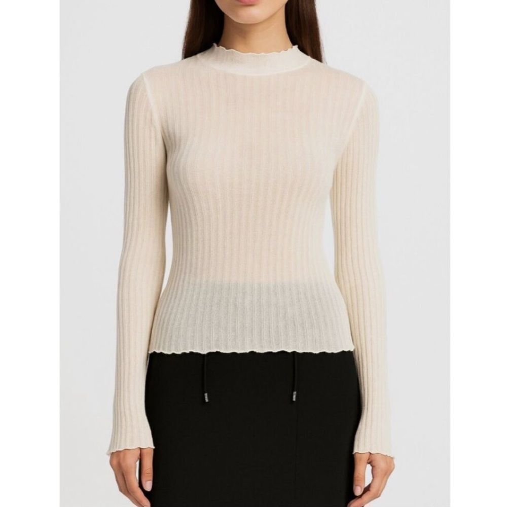 NWT Le' AL.X Ribbed Knit Sheer Mock Neck Long Sleeve Fitted Shirt Ivory Size XL